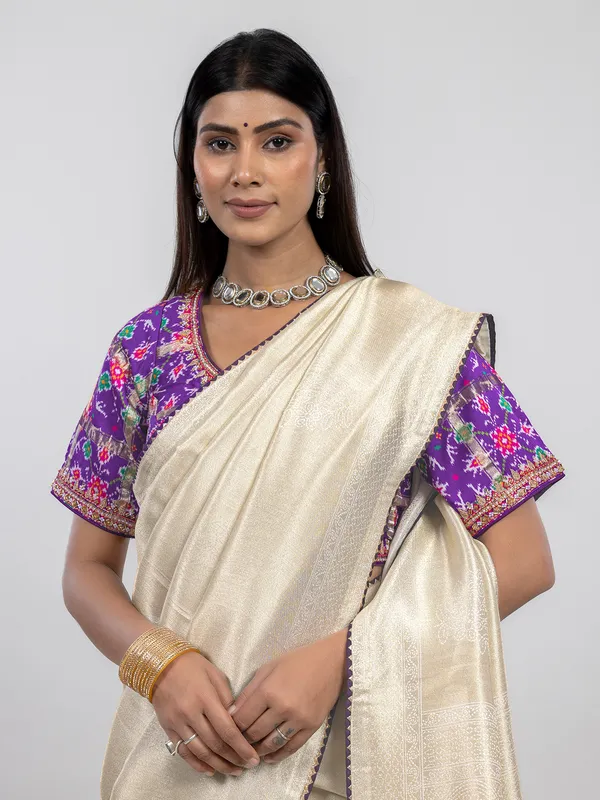 Off white dola silk festive saree with readymade blouse