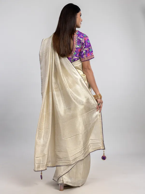 Off white dola silk festive saree with readymade blouse