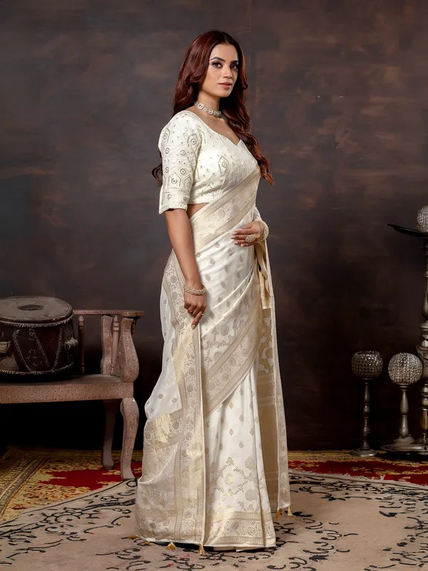 Off white dola silk festive wear saree