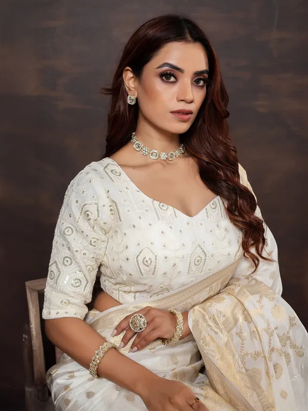 Off white dola silk festive wear saree