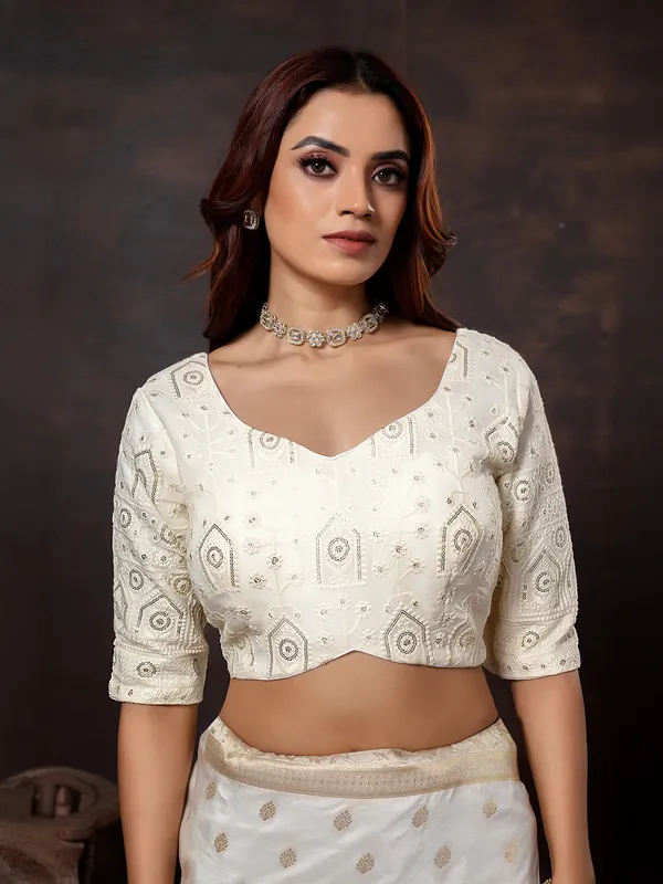 Off white dola silk festive wear saree