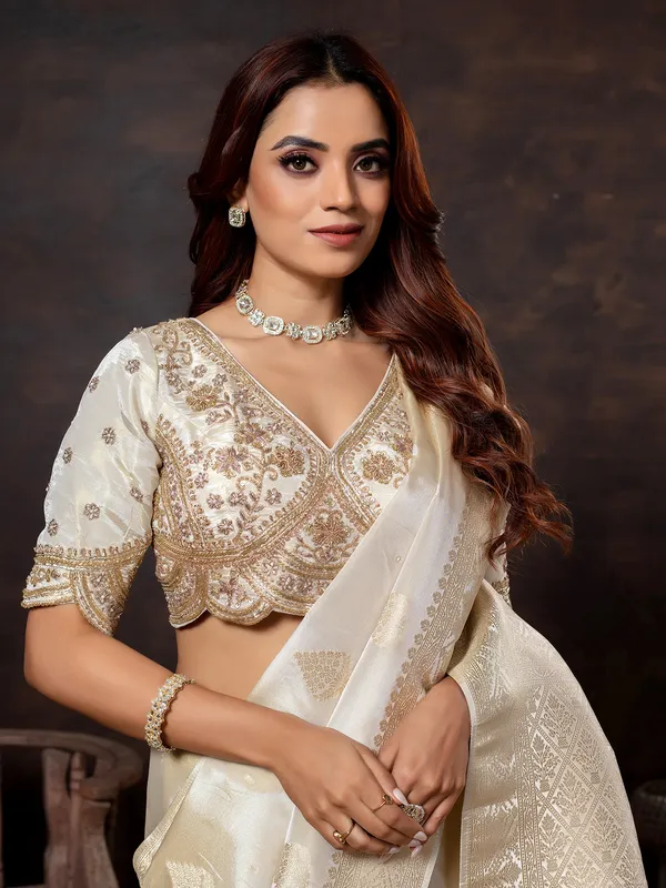 Off white dola silk saree for festival