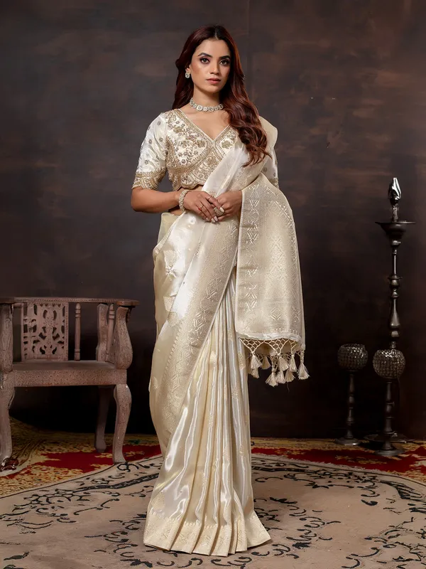 Off white dola silk saree for festival