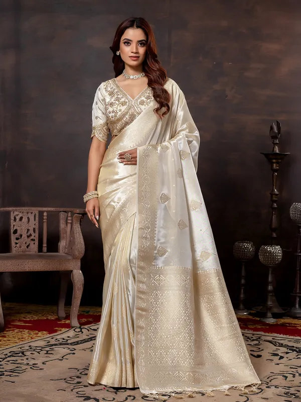 Off white dola silk saree for festival