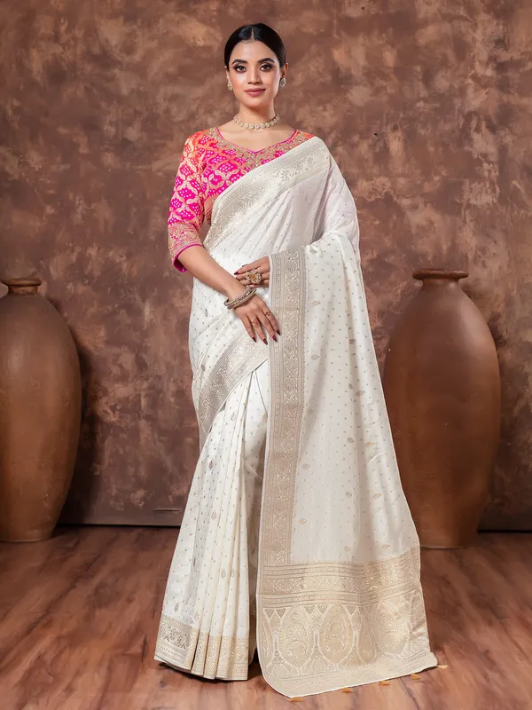 Off white dola silk saree for wedding wear