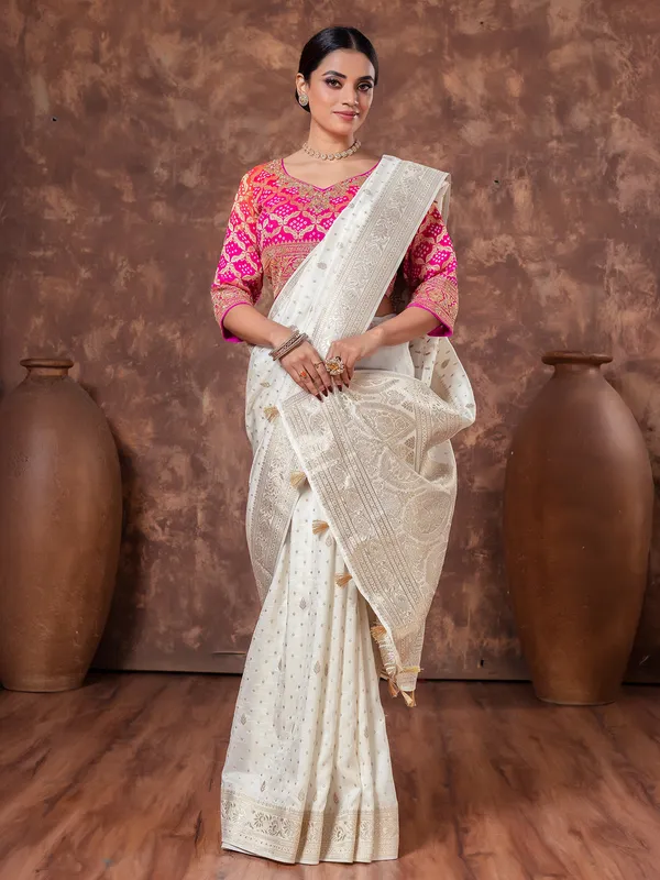 Off white dola silk saree for wedding wear