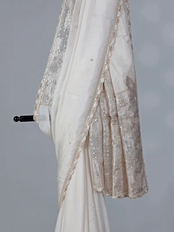 Off white dola silk saree with diamond work