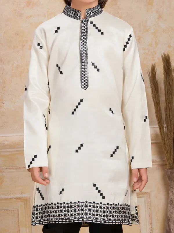 Off white embroidered cotton silk kurta suit