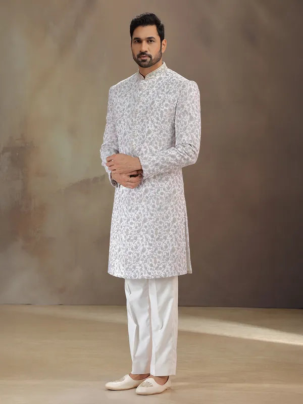 Off white embroidered indowestern in soft velvet
