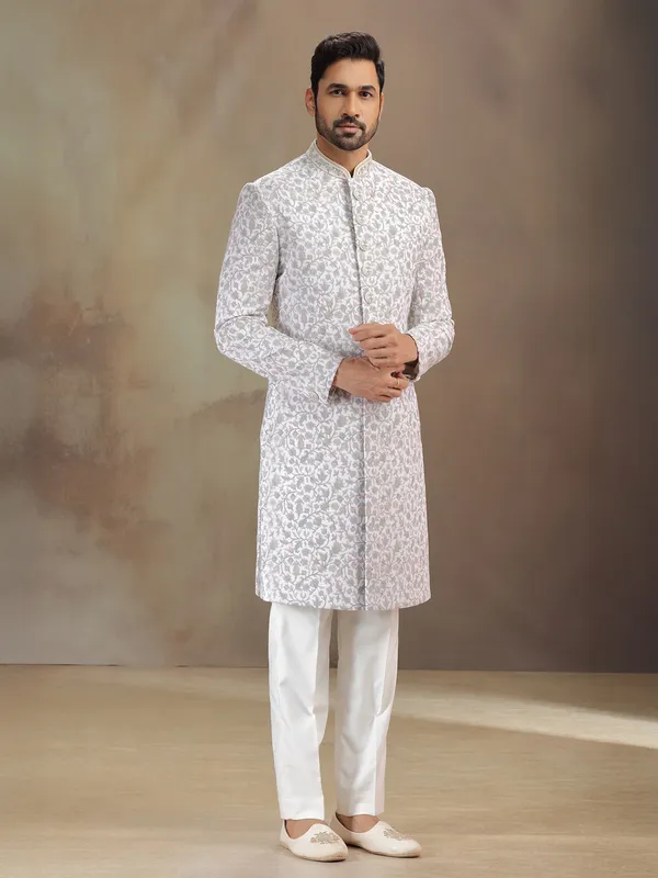 Off white embroidered indowestern in soft velvet