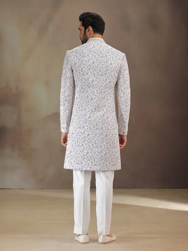 Off white embroidered indowestern in soft velvet