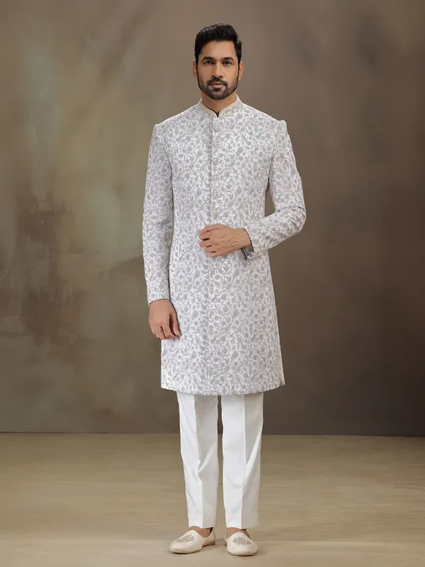 Off white embroidered indowestern in soft velvet