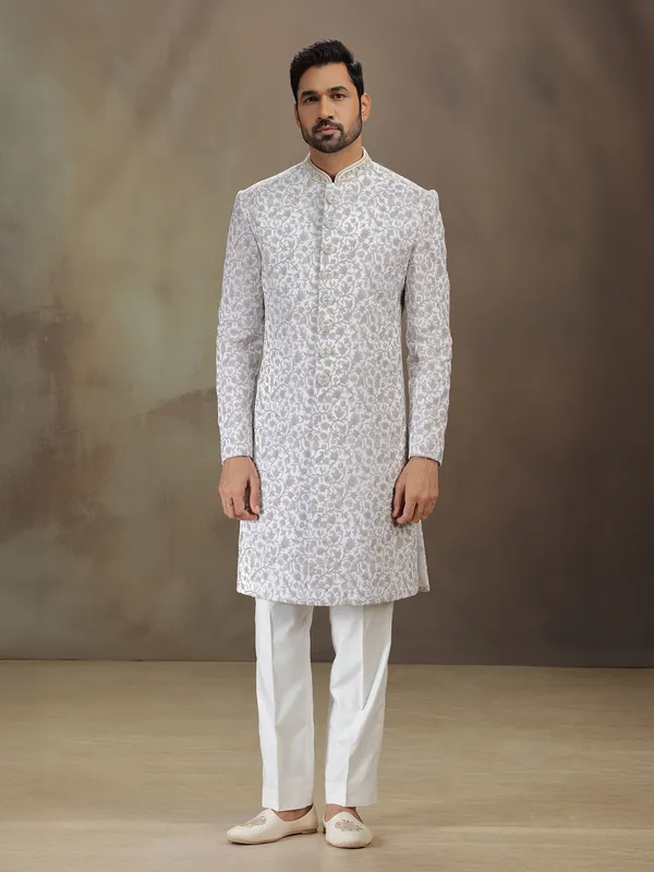 Off white embroidered indowestern in soft velvet