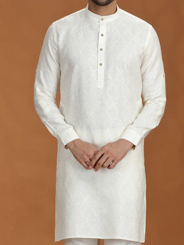 Off-white embroidered linen kurta set for festive