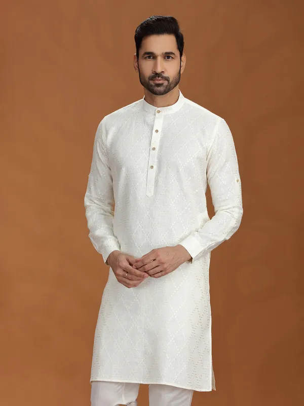 Off white embroidered linen kurta with mandarin collar