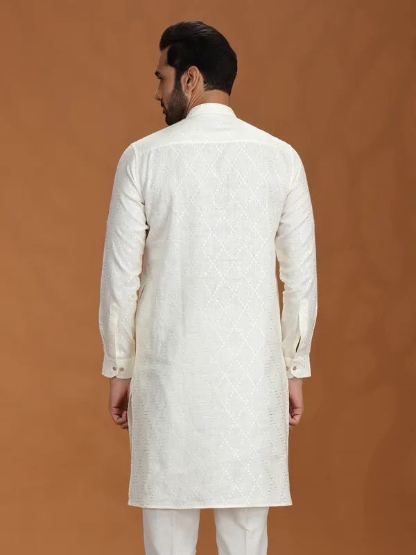 Off white embroidered linen kurta with mandarin collar