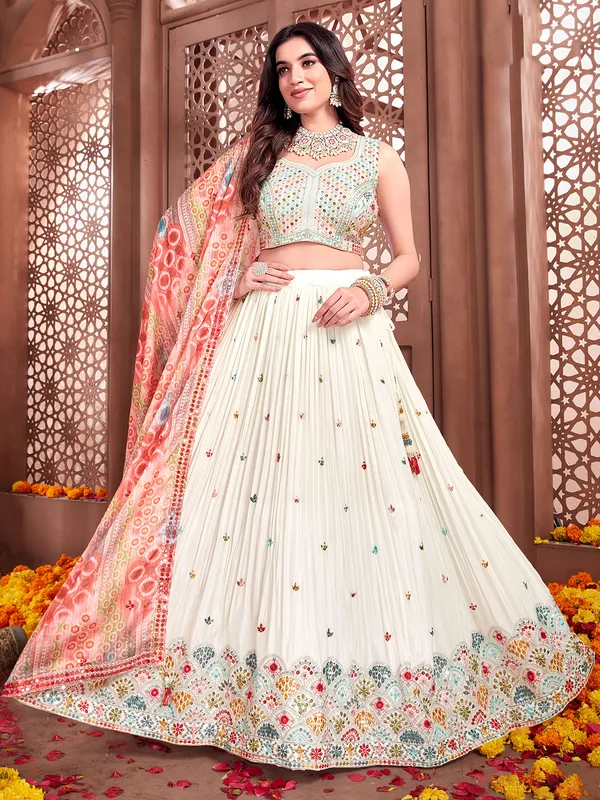 Off white embroidered silk lehenga choli for women