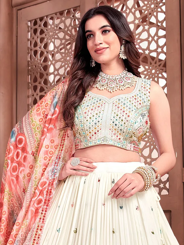 Off white embroidered silk lehenga choli for women