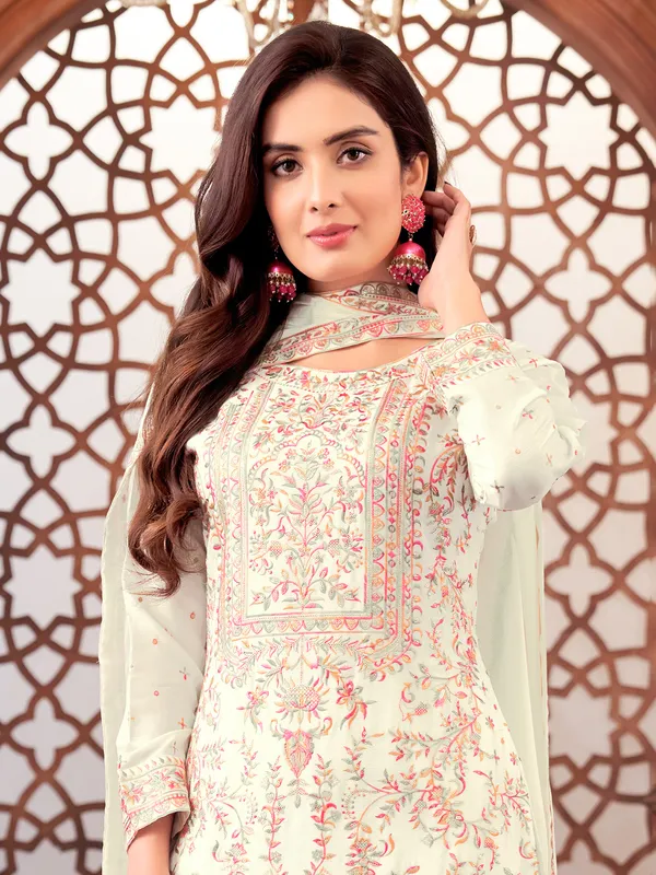 off white embroidered silk salwar suit