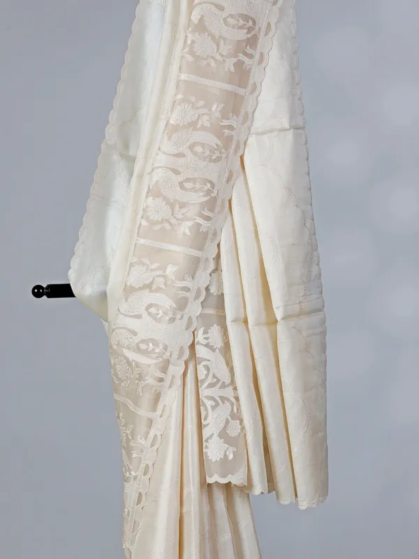 Off white embroidered tusser silk saree for reception