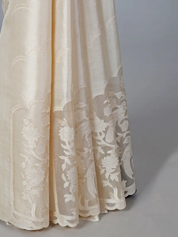 Off white embroidered tusser silk saree for reception