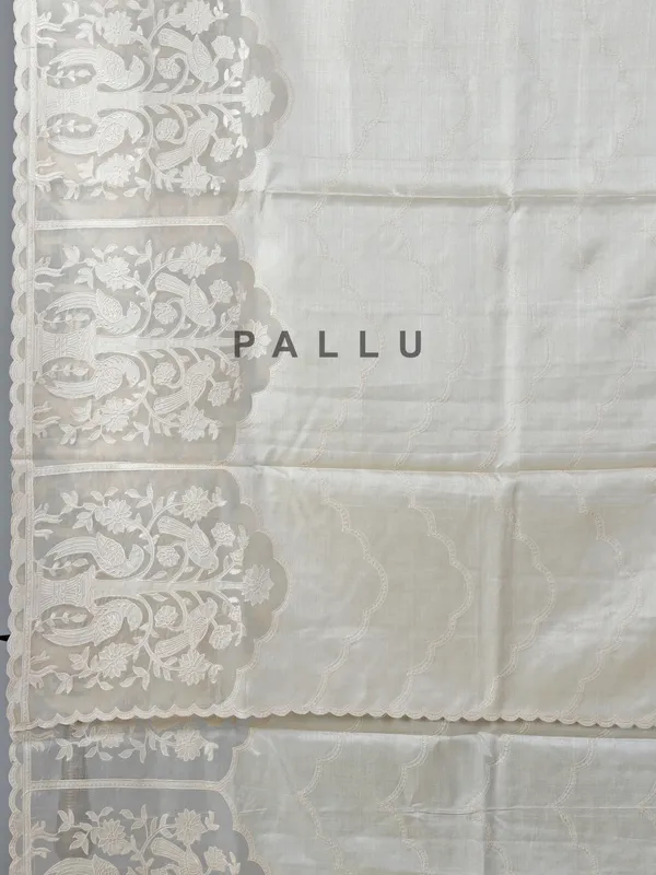 Off white embroidered tusser silk saree for reception