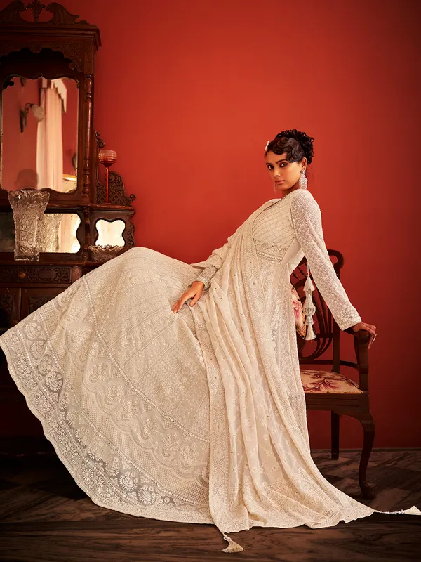 Off-white embroidery anarkali suit