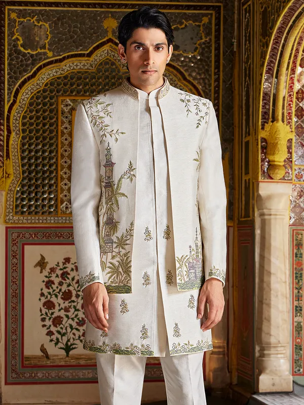 Off white ethnic charm raw silk indo western for men