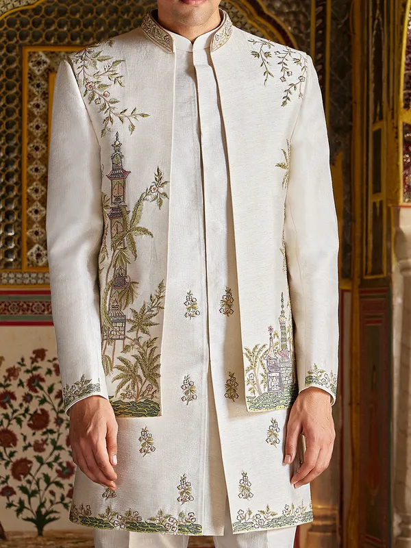 Off white ethnic charm raw silk indo western for men