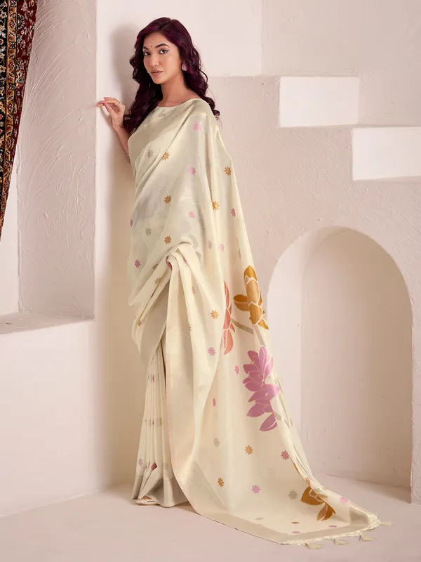 Off white festive wear linen saree