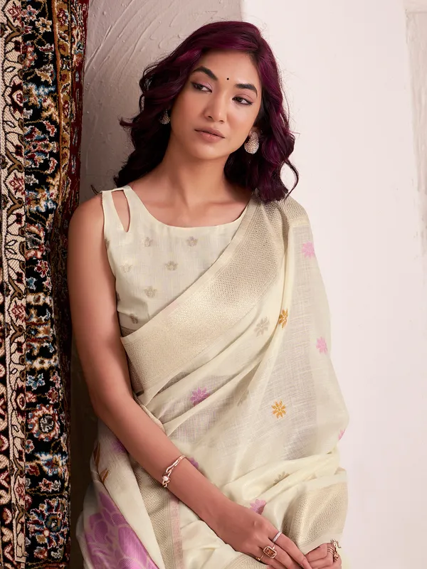 Off white festive wear linen saree