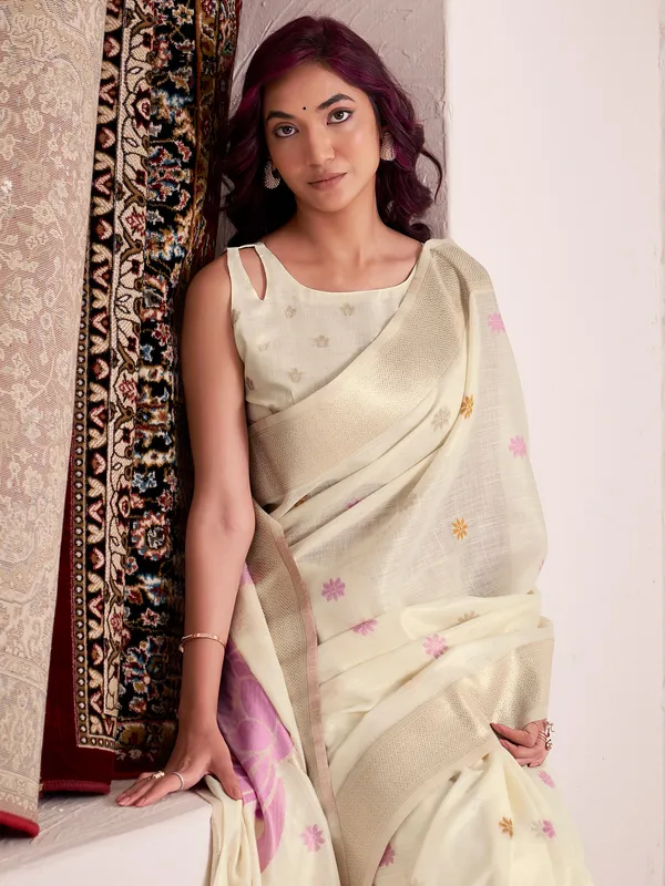 Off white festive wear linen saree