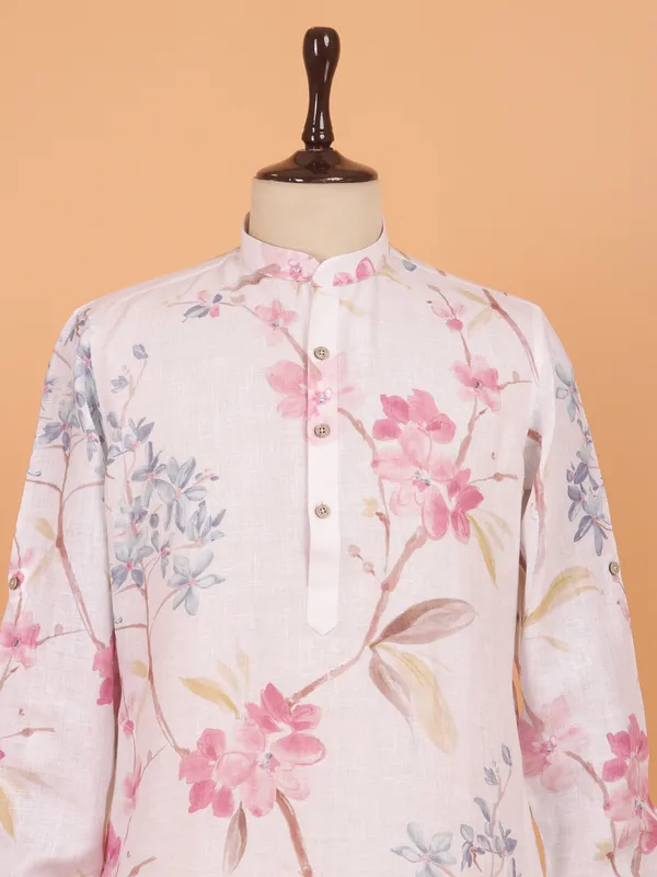Off white floral festive kurta set for men