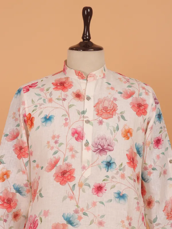Off white floral kurta set for men