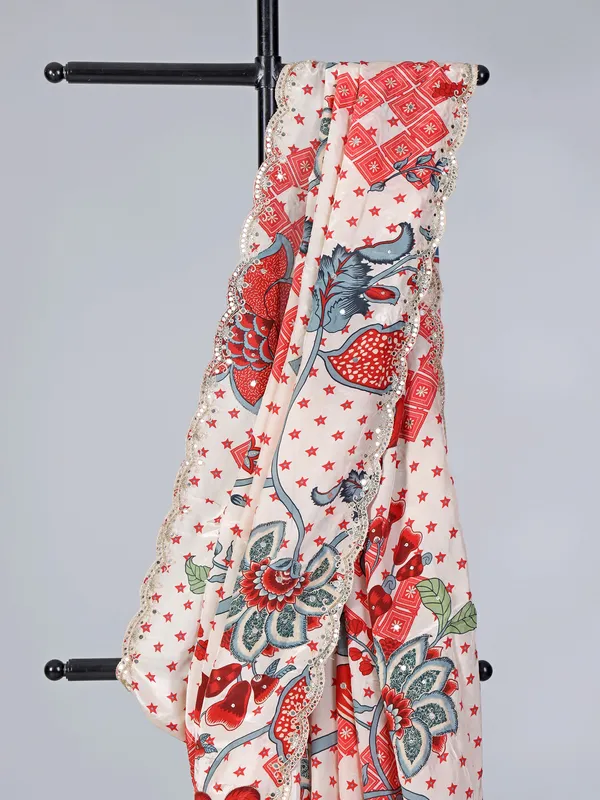 Off white floral printed crepe silk saree