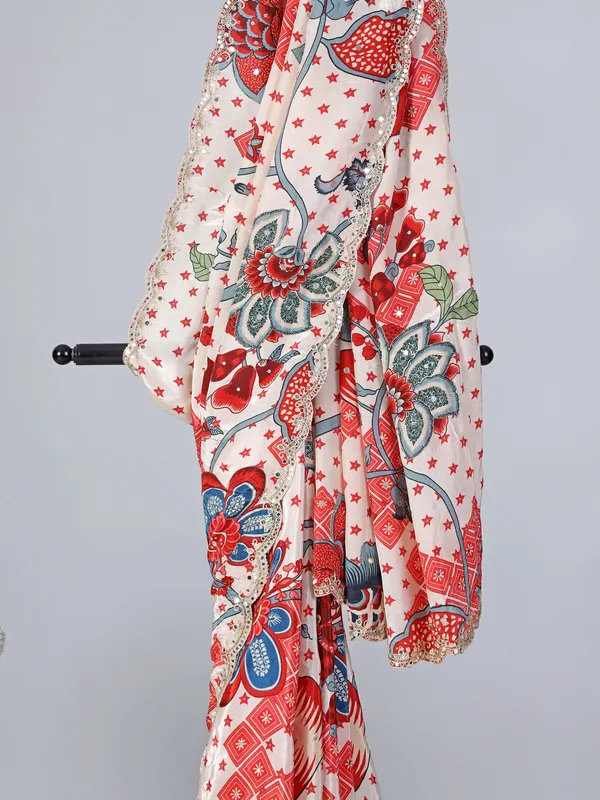 Off white floral printed crepe silk saree