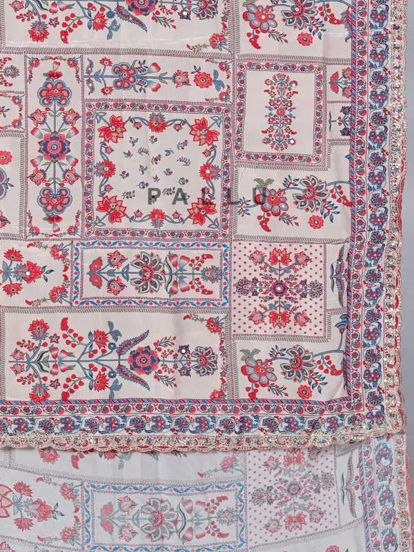 Off white floral printed satin silk festive saree