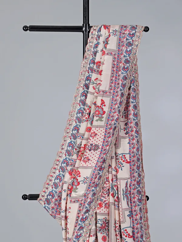 Off white floral printed satin silk festive saree