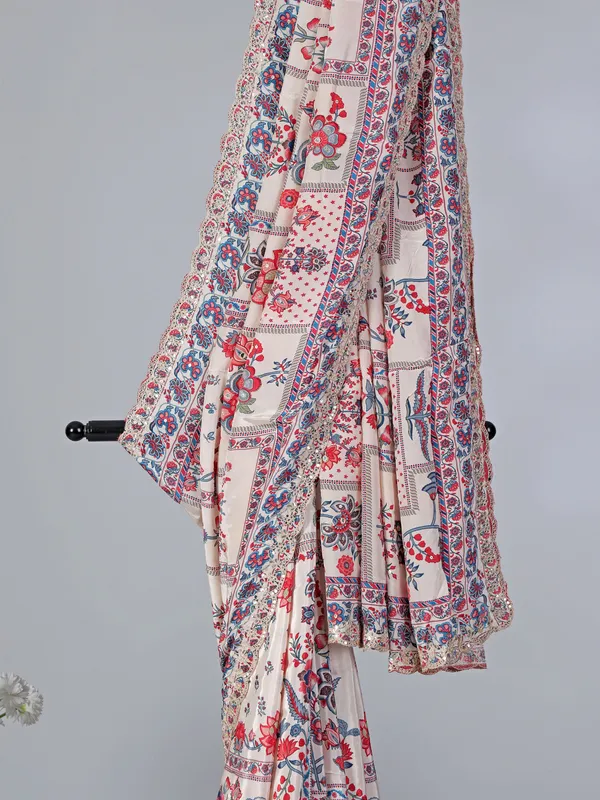 Off white floral printed satin silk festive saree