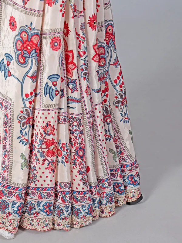 Off white floral printed satin silk festive saree