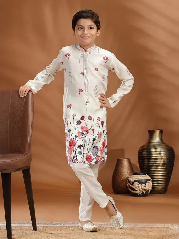 Off white floral printed silk kurta suit