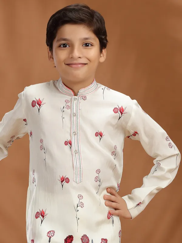 Off white floral printed silk kurta suit