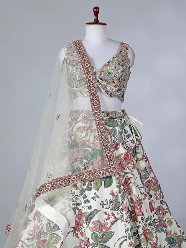 Off white floral raw silk lehenga choli with dupatta