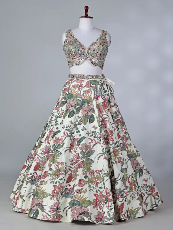 Off white floral raw silk lehenga choli with dupatta