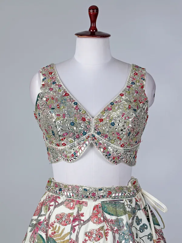 Off white floral raw silk lehenga choli with dupatta