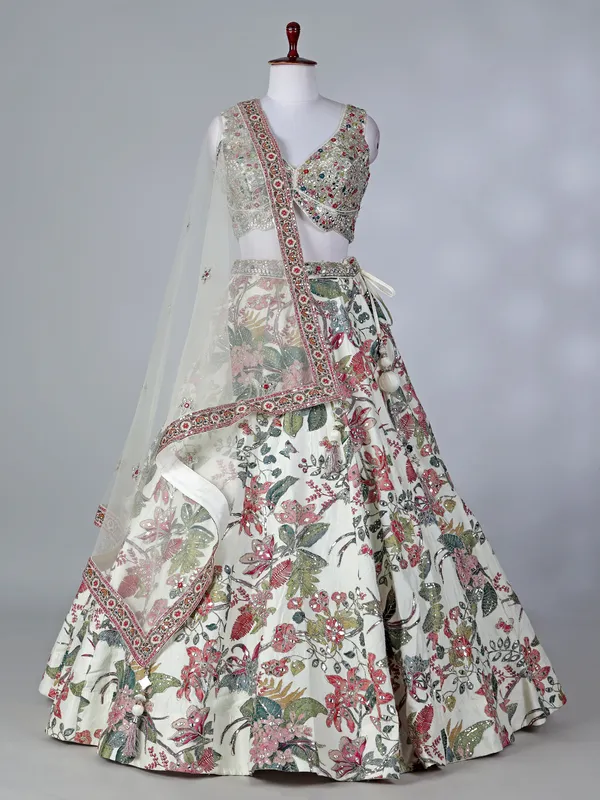 Off white floral raw silk lehenga choli with dupatta