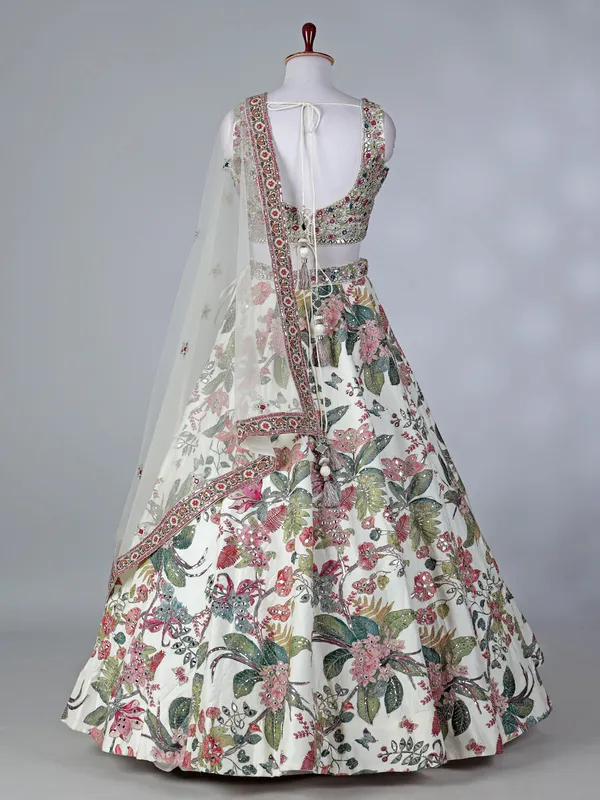 Off white floral raw silk lehenga choli with dupatta