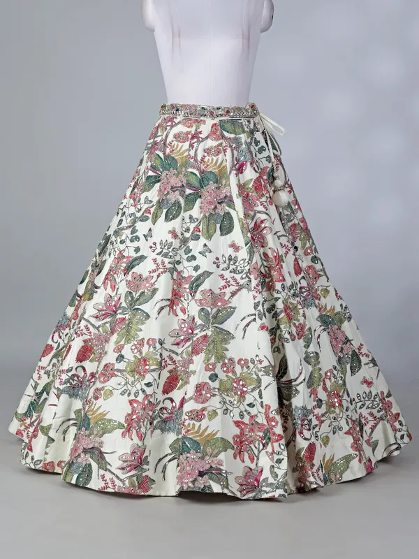 Off white floral raw silk lehenga choli with dupatta