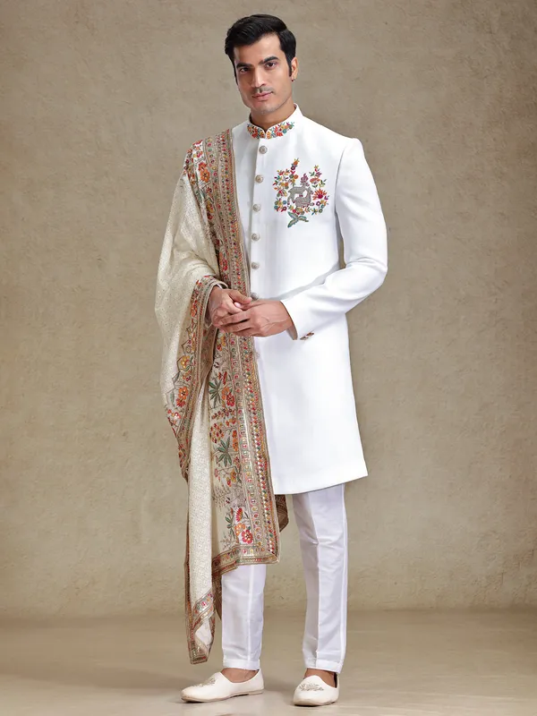 Off white flower embroidered terry rayon sherwani