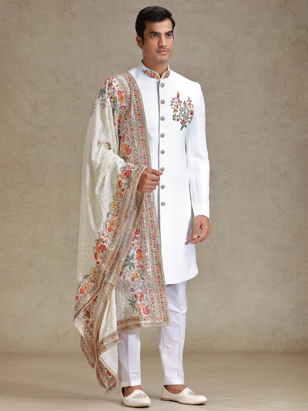Off white flower embroidered terry rayon sherwani